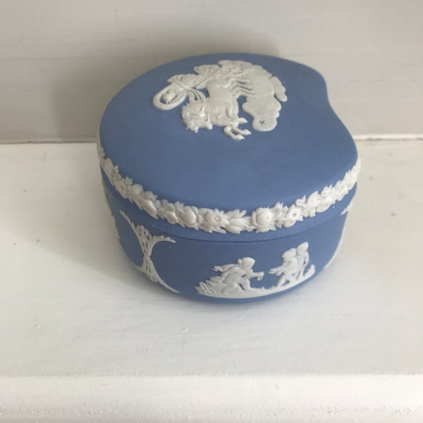 Vintage Wedgewood Blue Jasperware Kidney Shaped Trinket Box Pegasus Chariot