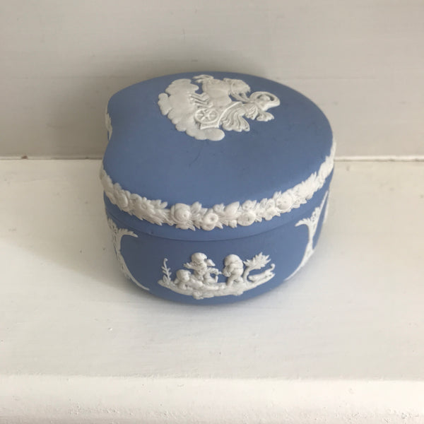 Vintage Wedgewood Blue Jasperware Kidney Shaped Trinket Box Pegasus Chariot